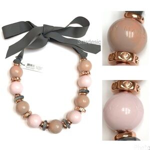 NWT MARC JACOBS Logo Engraved Beads Rose Gold Charm Crystals Ribbon Necklace